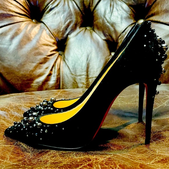 CHRISTIAN Louboutin, Pigalle Follies 100mm. Suede metallic studs & Strass EU38.5 - Picture 4 of 11